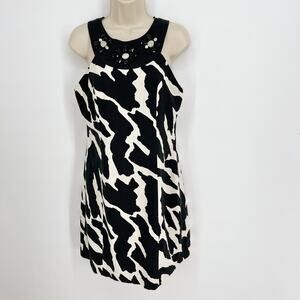 Ceces New York Dress Linen Blend 6 Black White Beaded Neckline Sleeveless Sheath